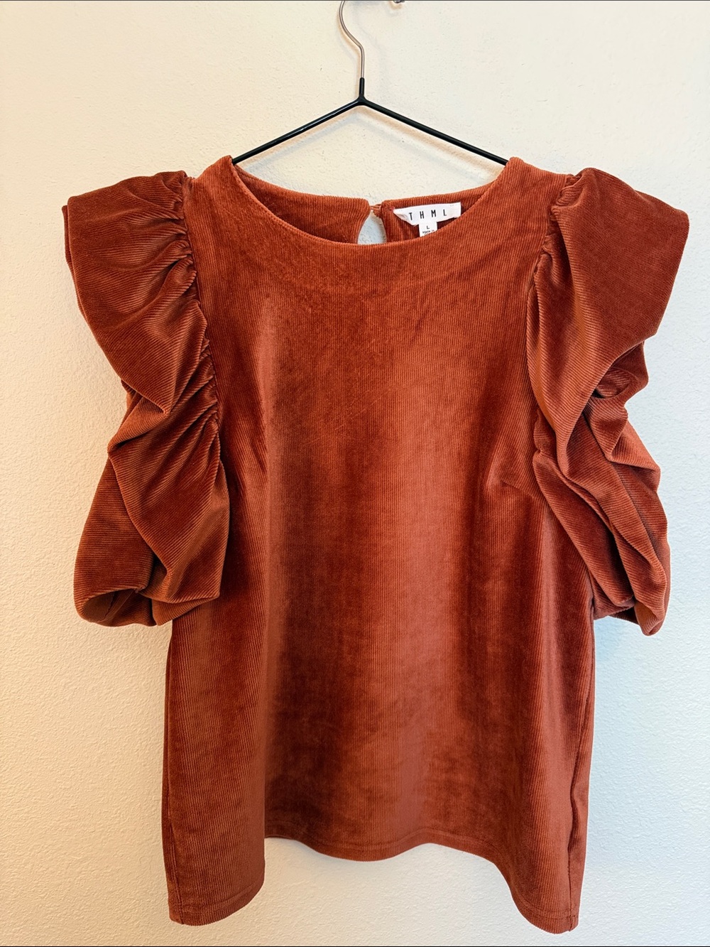 THML Rust Velvet Ruffle Sleeve Top